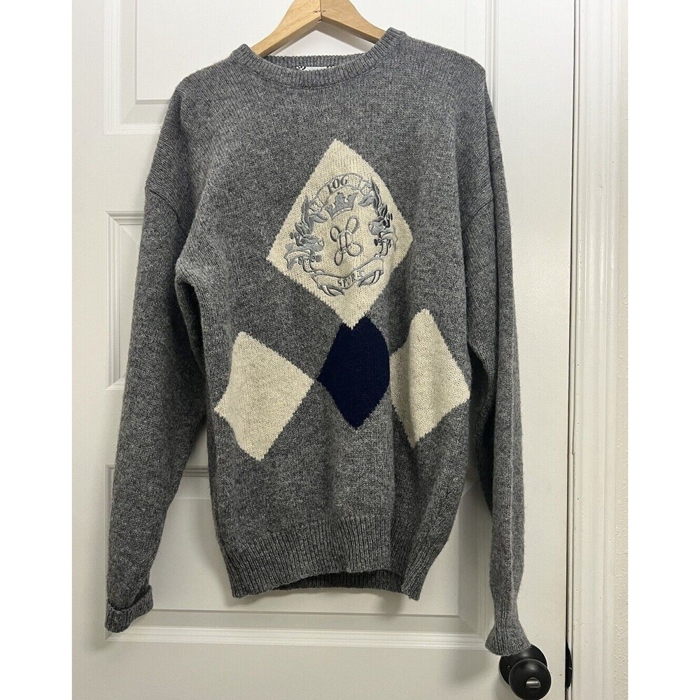 London Fog Shetland Wool Men Sz L Sweater Gray Argyle Embroidered Academia Rare